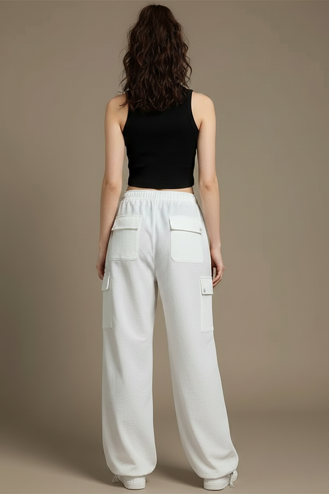 Pantalon Parachute Blanc Ample Cargo Taille Haute - Molleton - vue 2