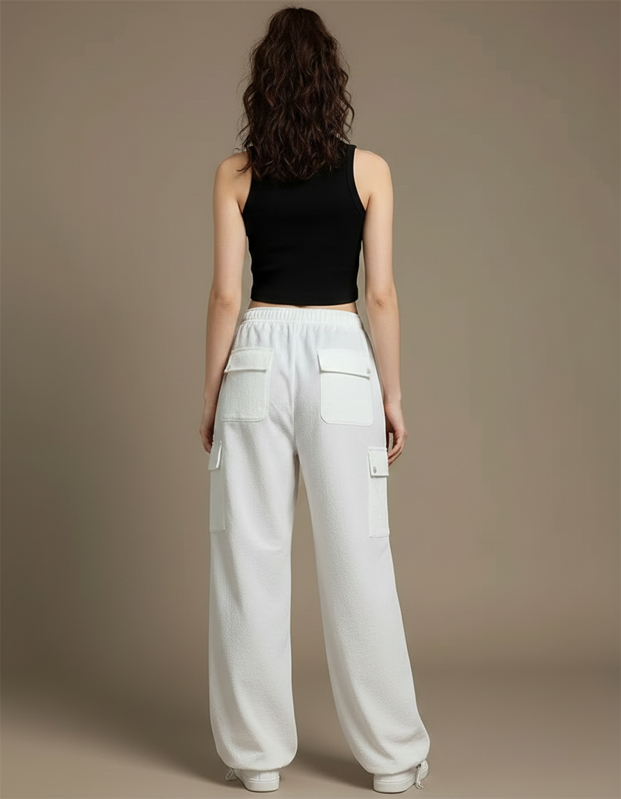 Pantalon Parachute Blanc Ample Cargo Taille Haute - Molleton - vue 2