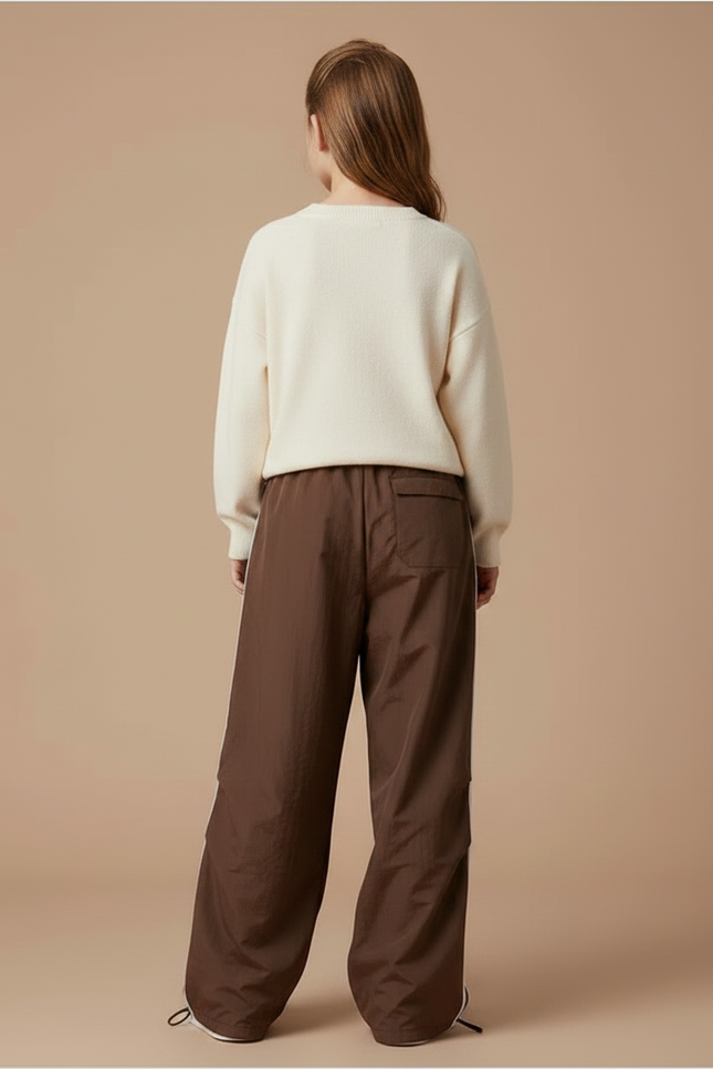 Pantalon Parachute Marron Rayures Blanches Ample Fille - Polyester - vue 2