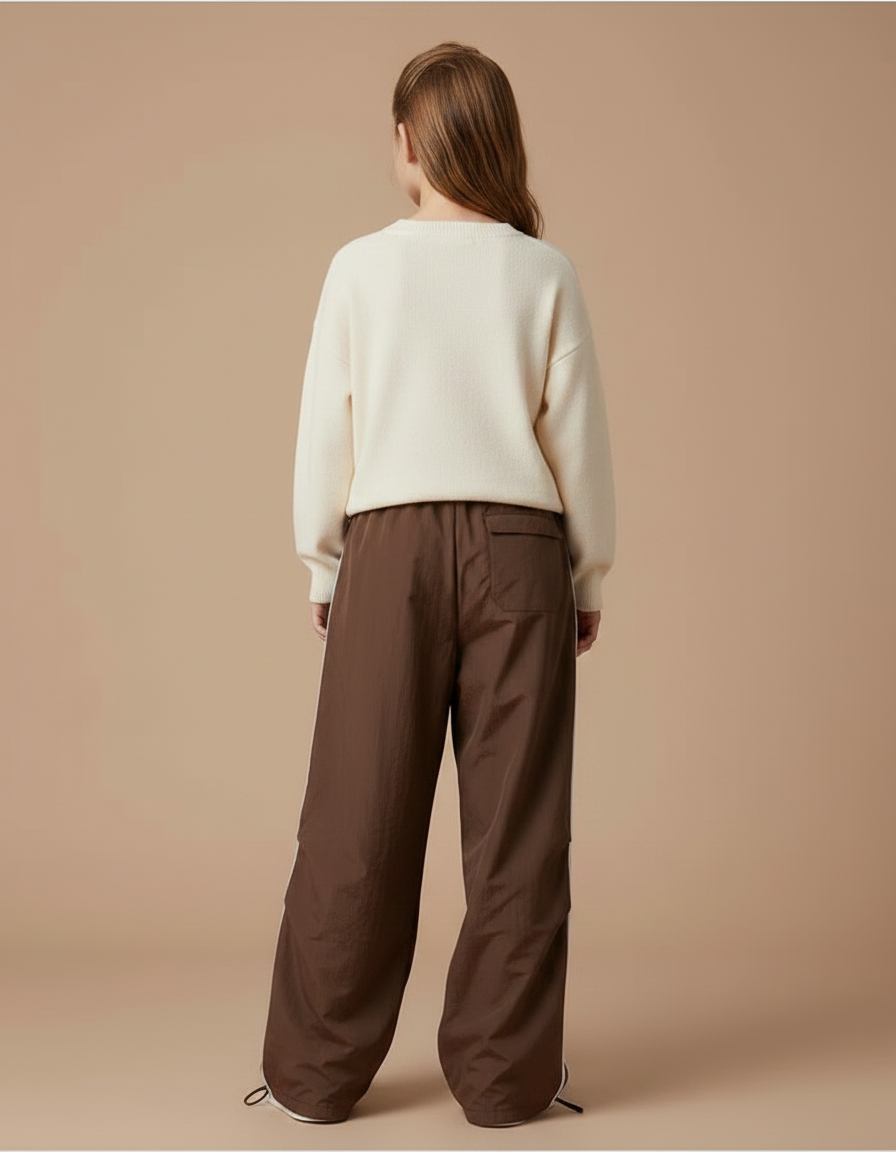 Pantalon Parachute Marron Rayures Blanches Ample Fille - Polyester - vue 2