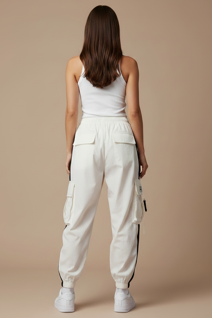 Pantalon Parachute Blanc Cargo Ample Bicolore Femme - Polyester - vue 2