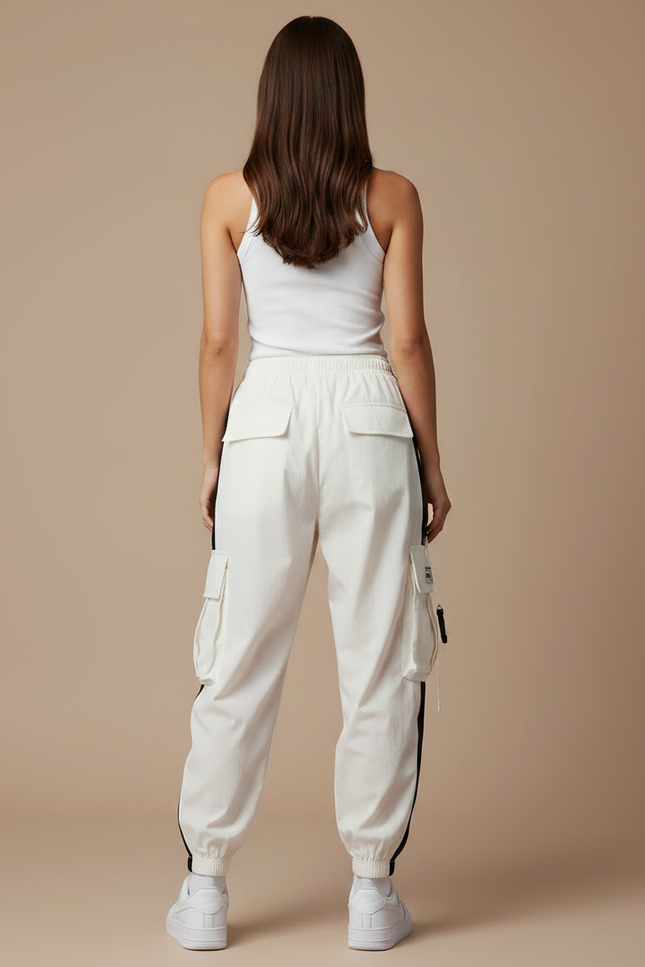 Pantalon Parachute Blanc Cargo Ample Bicolore Femme - Polyester - vue 2