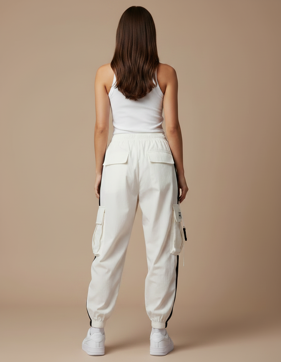Pantalon Parachute Blanc Cargo Ample Bicolore Femme - Polyester - vue 2