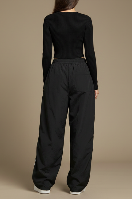 Pantalon Parachute Noir Ample Rayures Blanches Femme - Polyester - vue 2