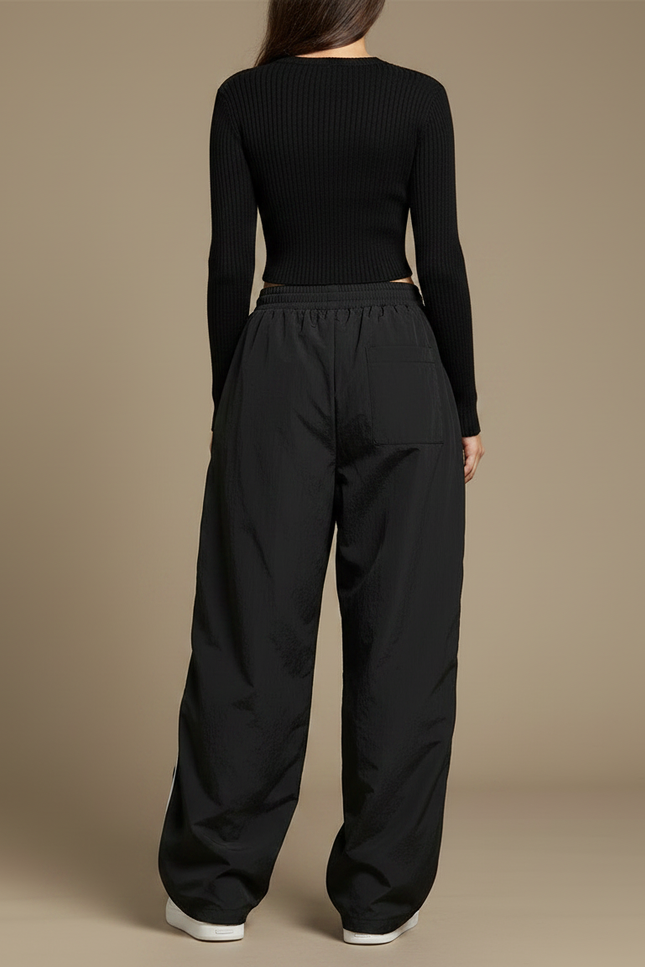 Pantalon Parachute Noir Ample Rayures Blanches Femme - Polyester - vue 2