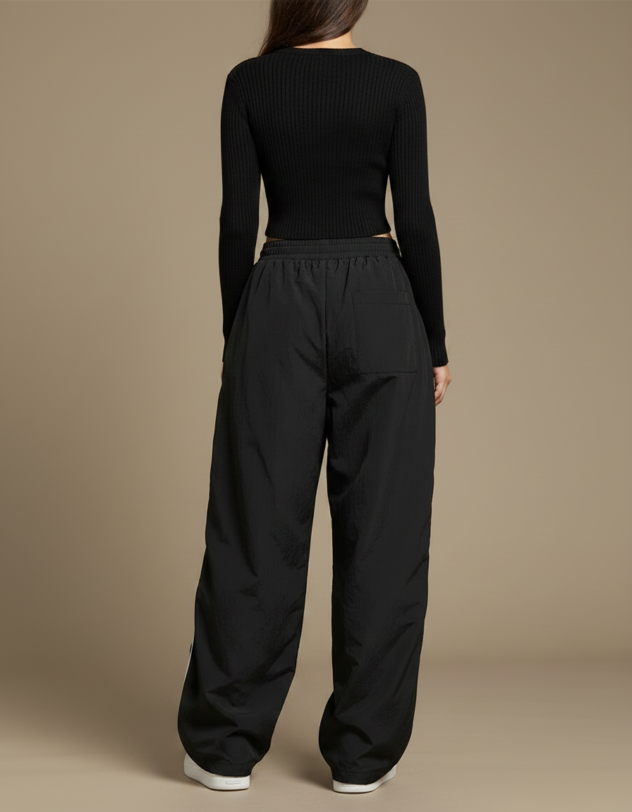 Pantalon Parachute Noir Ample Rayures Blanches Femme - Polyester - vue 2