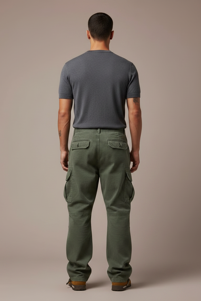 Pantalon Parachute Vert Cargo Ample Militaire Homme - Kaki Toile - vue 2