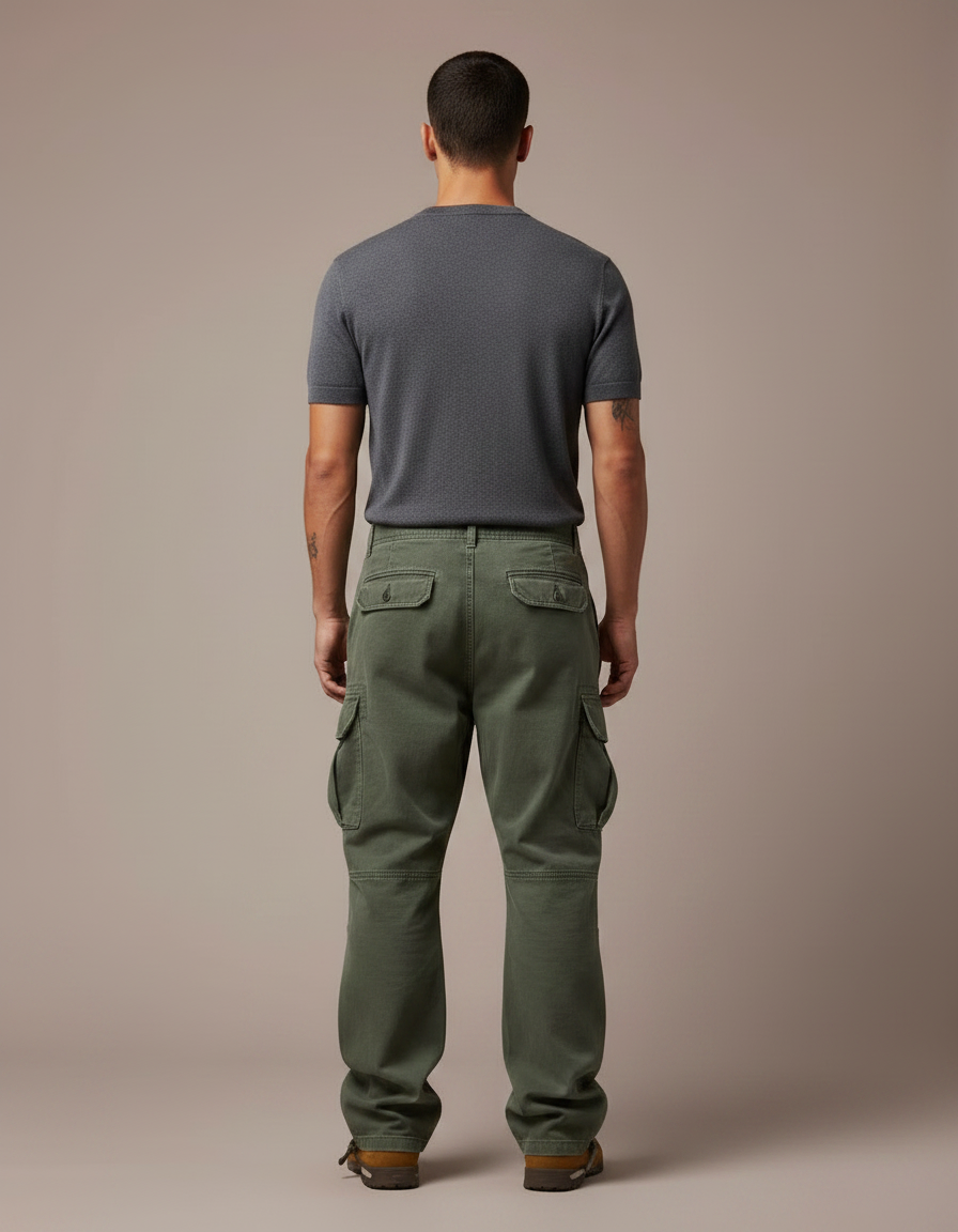 Pantalon Parachute Vert Cargo Ample Militaire Homme - Kaki Toile - vue 2