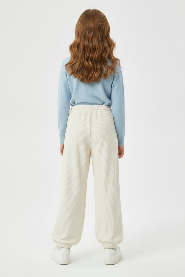 Pantalon Parachute Crème Côtelé Ample Confortable Fille - Beige Cordé - vue 2