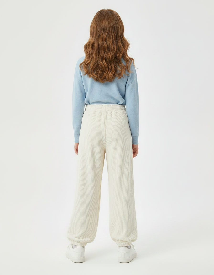 Pantalon Parachute Crème Côtelé Ample Confortable Fille - Beige Cordé - vue 2