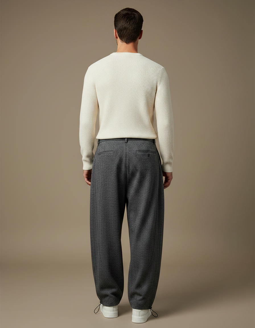 Pantalon Parachute Gris Laine Rayé Ample Homme - vue 2