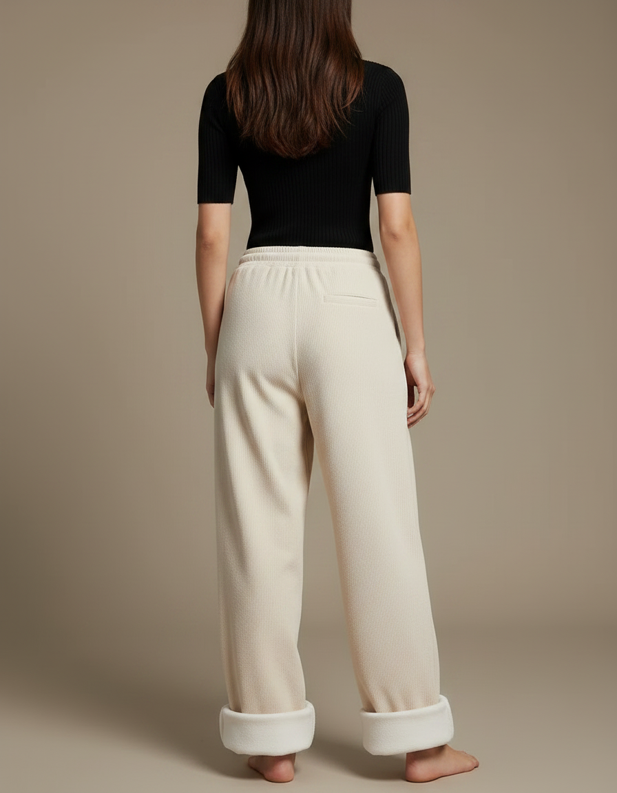 Pantalon Parachute Crème Côtelé Doublé Polaire Ample - Beige Cordé - vue 2