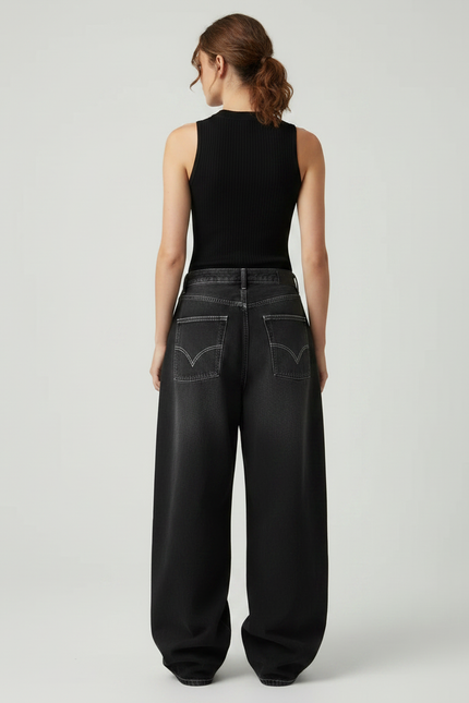 Pantalon Parachute Noir Ample Denim Décontracté Femme - Jean - vue 2