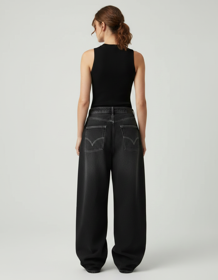 Pantalon Parachute Noir Ample Denim Décontracté Femme - Jean - vue 2