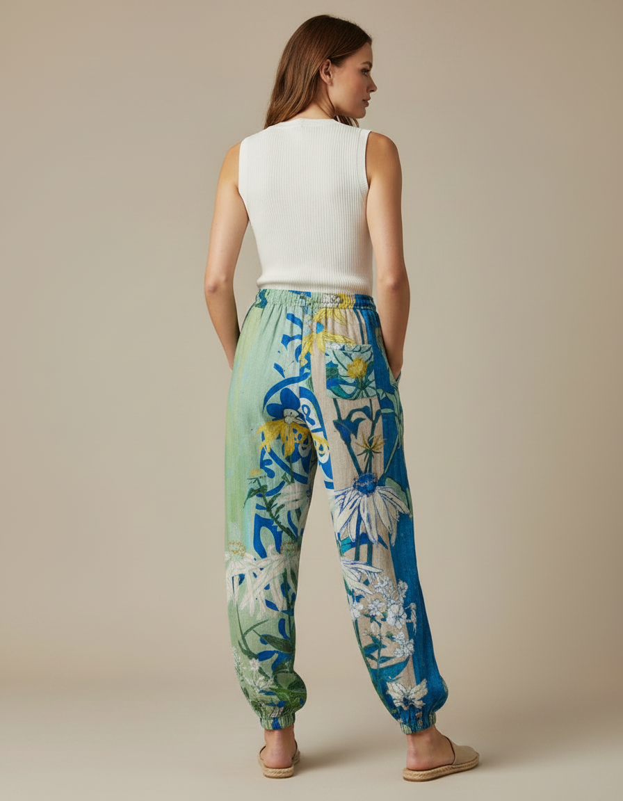 Pantalon Parachute Fluide Imprimé Floral Taille Élastique - Lin - vue 2