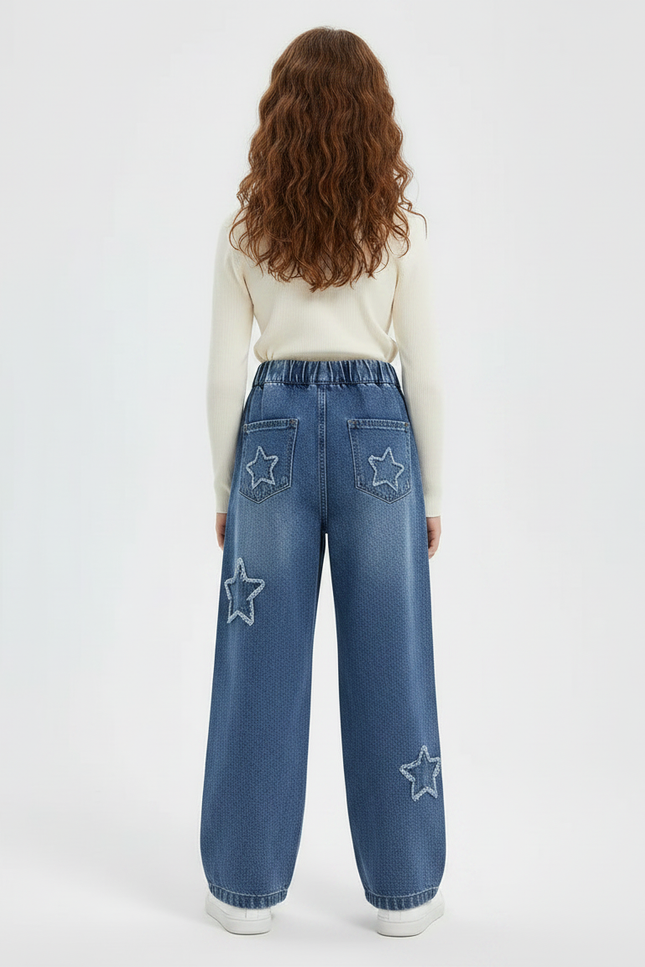 Pantalon Parachute Denim Ample Étoiles Fille Printemps Bleu - Jean - vue 2
