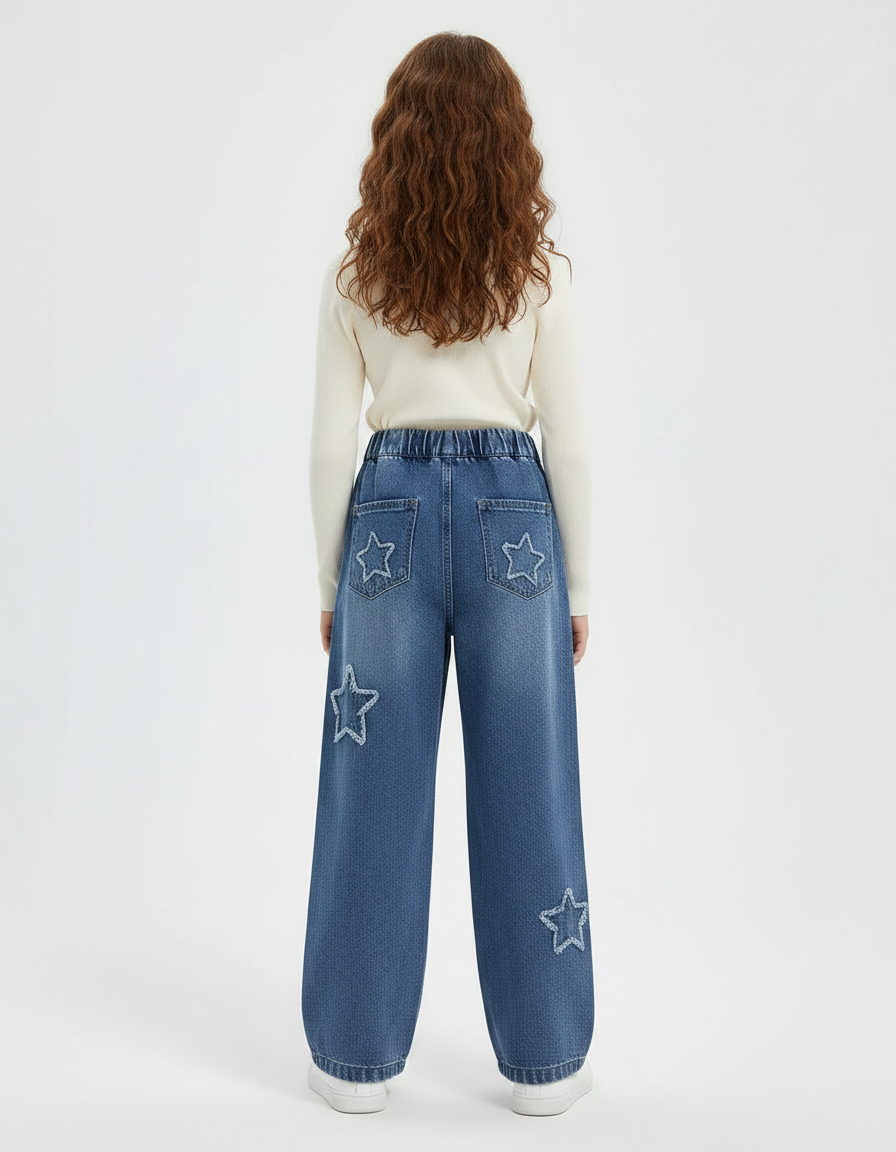 Pantalon Parachute Denim Ample Étoiles Fille Printemps Bleu - Jean - vue 2