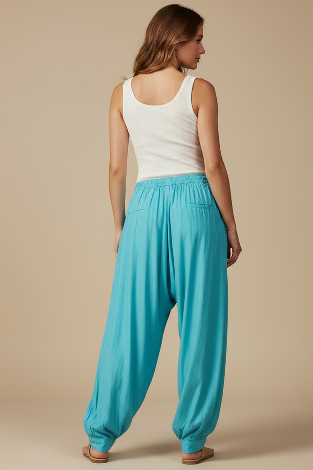 Pantalon Parachute Turquoise Ample Fluide Cordon Femme - Bleu Coton - vue 2