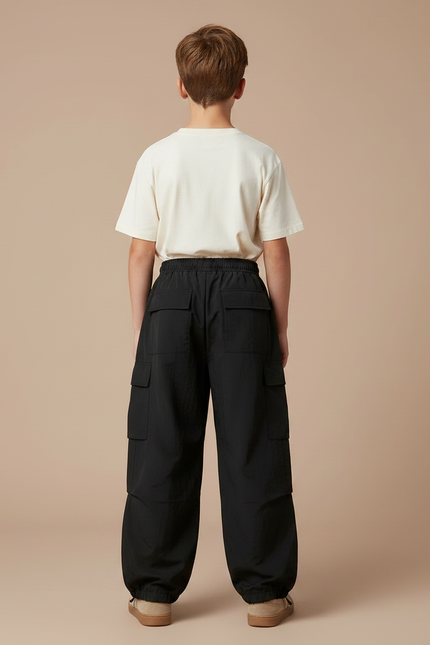 Pantalon Parachute Noir Ample Cargo Cordon Unisexe - Polyester - vue 2
