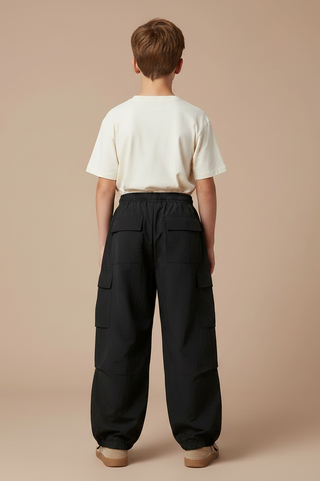 Pantalon Parachute Noir Ample Cargo Cordon Unisexe - Polyester - vue 2