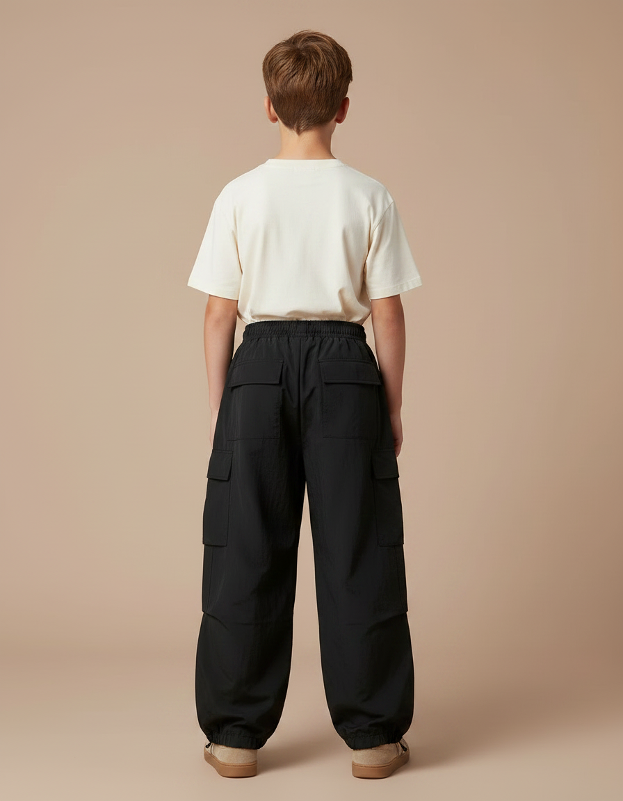 Pantalon Parachute Noir Ample Cargo Cordon Unisexe - Polyester - vue 2