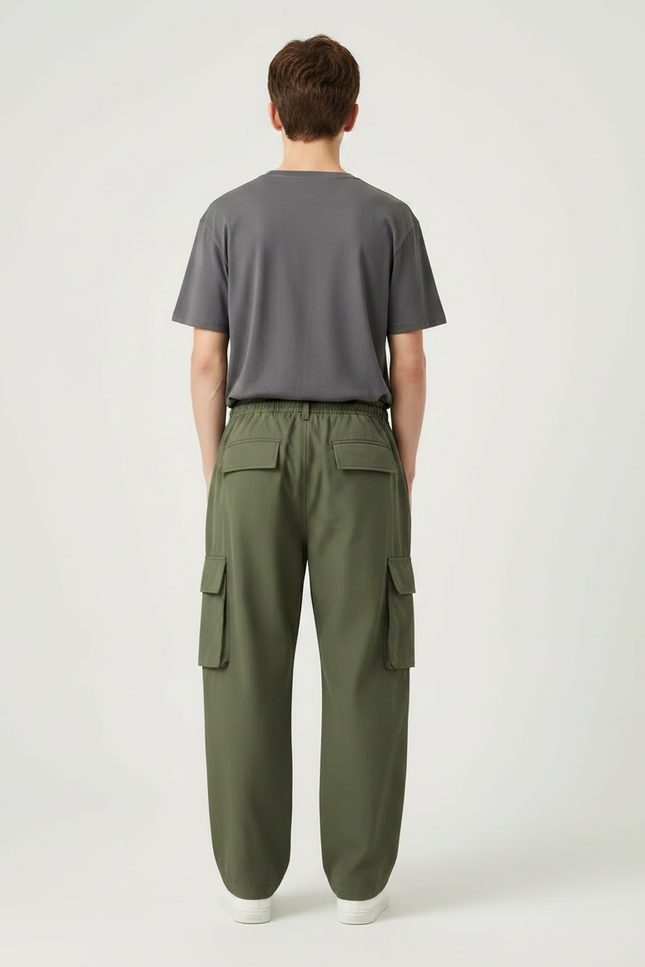 Pantalon Parachute Vert Kaki Cargo Ample Décontracté Homme - Polyester - vue 2