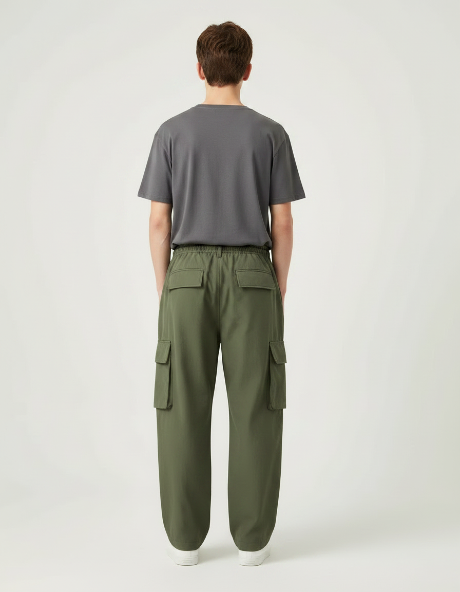 Pantalon Parachute Vert Kaki Cargo Ample Décontracté Homme - Polyester - vue 2