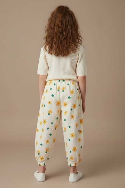 Pantalon Parachute Crème Fleuri Léger Enfant Ample - Beige Coton - vue 2