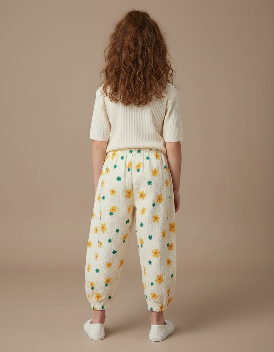 Pantalon Parachute Crème Fleuri Léger Enfant Ample - Beige Coton - vue 2