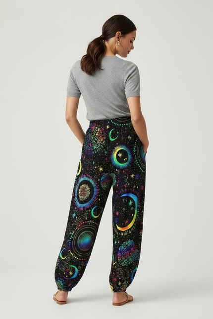 Pantalon Parachute Noir Fluide Imprimé Lune Étoiles Femme - Viscose - vue 2