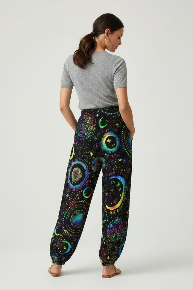 Pantalon Parachute Noir Fluide Imprimé Lune Étoiles Femme - Viscose - vue 2