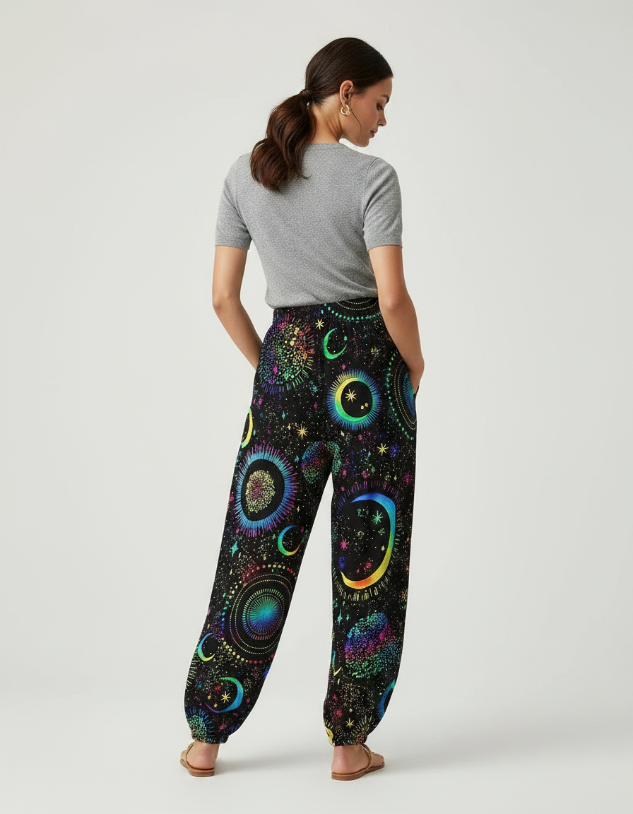 Pantalon Parachute Noir Fluide Imprimé Lune Étoiles Femme - Viscose - vue 2
