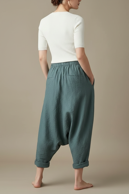 Pantalon Parachute Lin Vert Ample Sarouel Vintage - vue 2