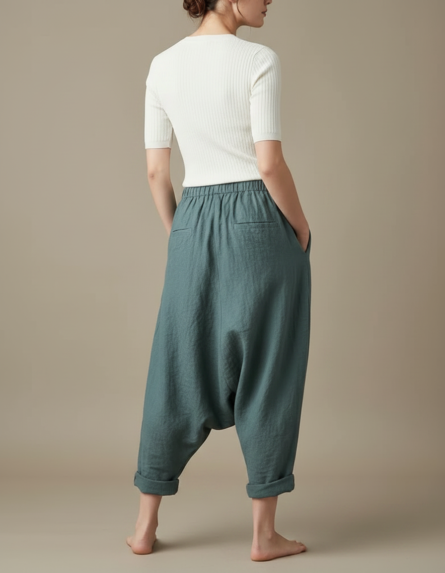 Pantalon Parachute Lin Vert Ample Sarouel Vintage - vue 2