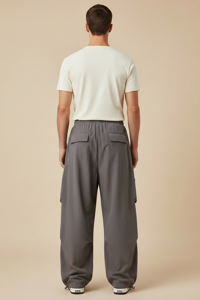 Pantalon Parachute Gris Ample Cargo Cordon Sport Homme - Polyester - vue 2