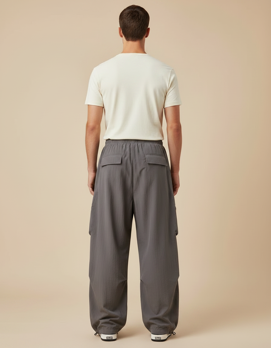 Pantalon Parachute Gris Ample Cargo Cordon Sport Homme - Polyester - vue 2