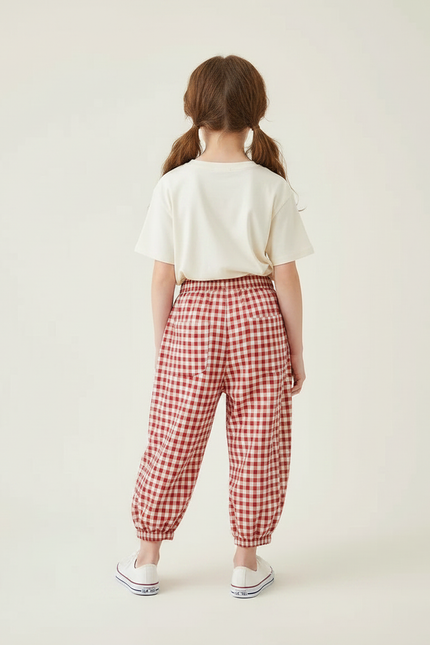 Pantalon Parachute Vichy Rouge Ample Coton Fille - vue 2