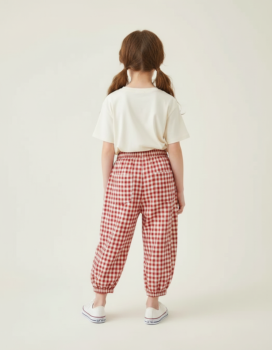 Pantalon Parachute Vichy Rouge Ample Coton Fille - vue 2