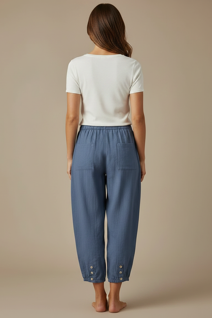 Pantalon Parachute Bleu Coton Lin Ample Décontracté - vue 2