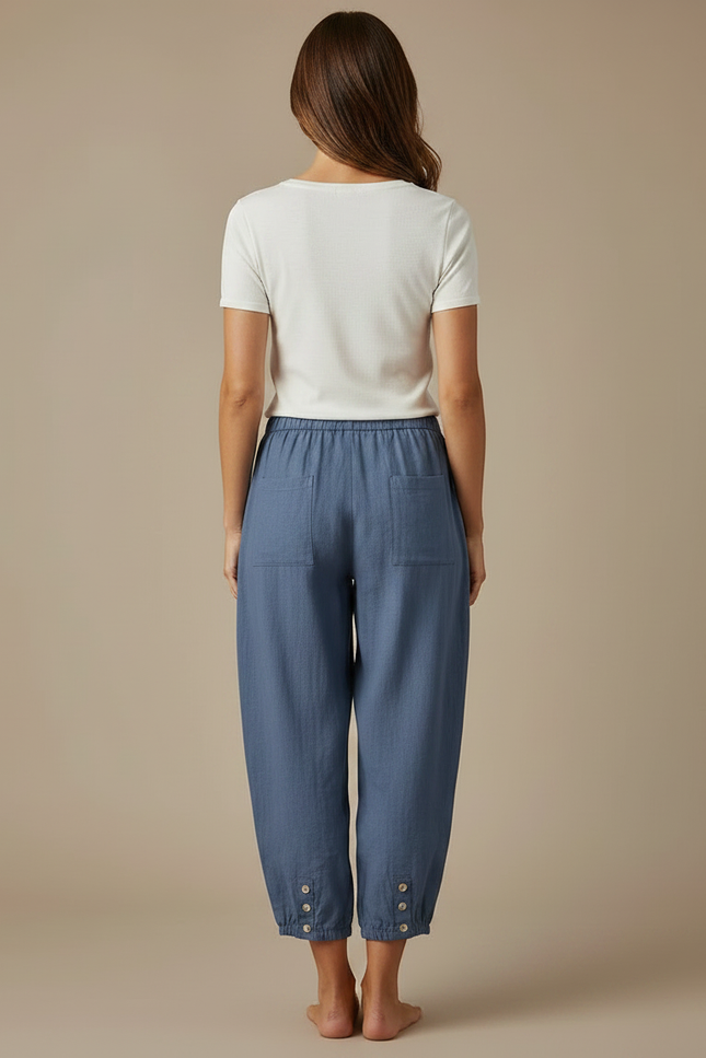 Pantalon Parachute Bleu Coton Lin Ample Décontracté - vue 2