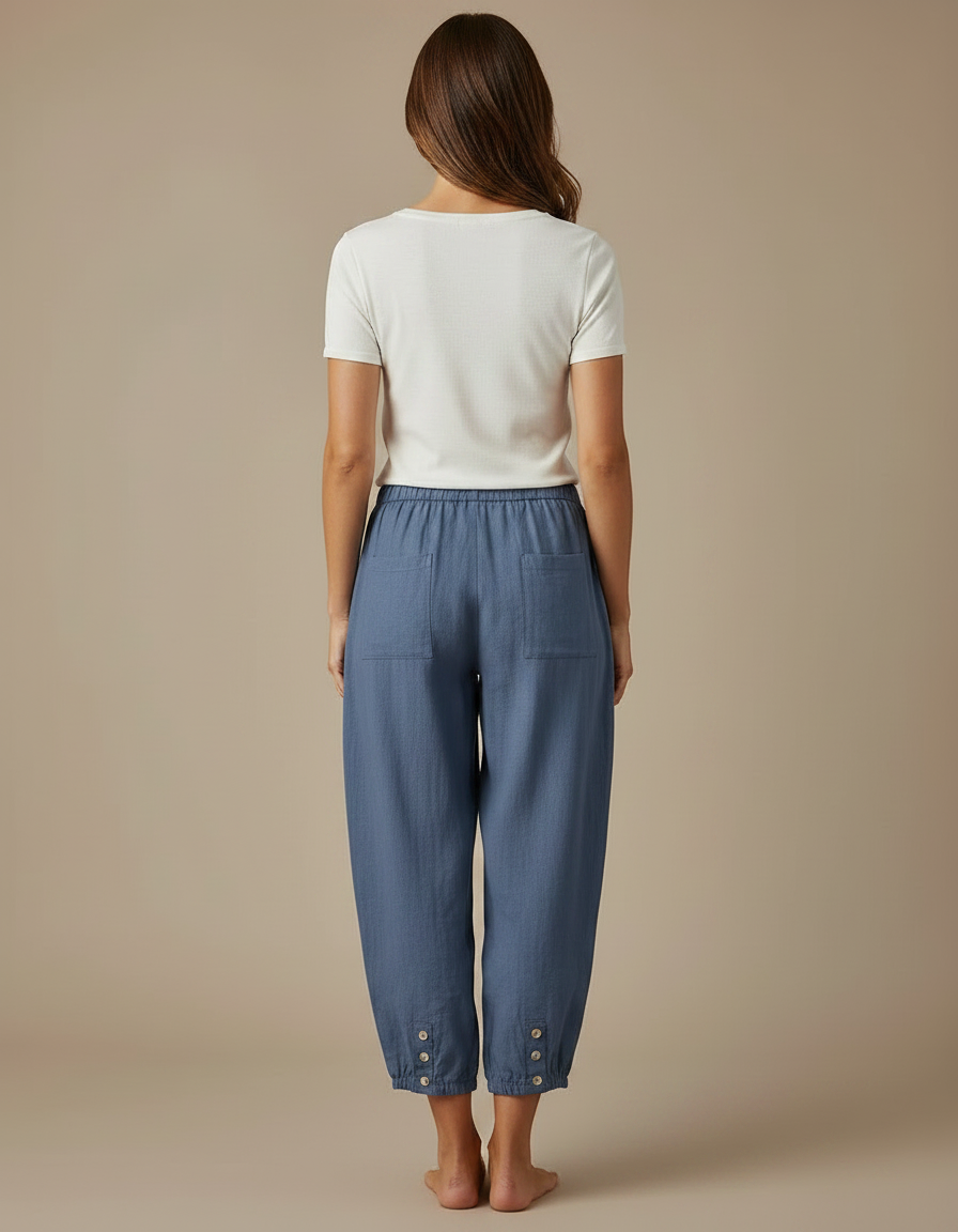 Pantalon Parachute Bleu Coton Lin Ample Décontracté - vue 2