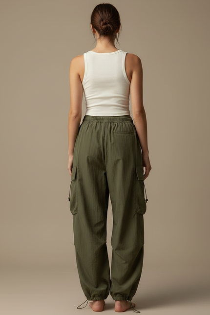 Pantalon Parachute Vert Cargo Ample Décontracté Femme - Kaki Polyester - vue 2