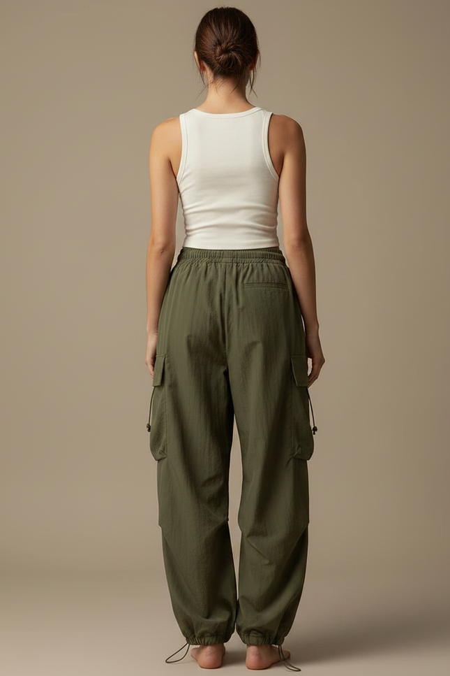 Pantalon Parachute Vert Cargo Ample Décontracté Femme - Kaki Polyester - vue 2