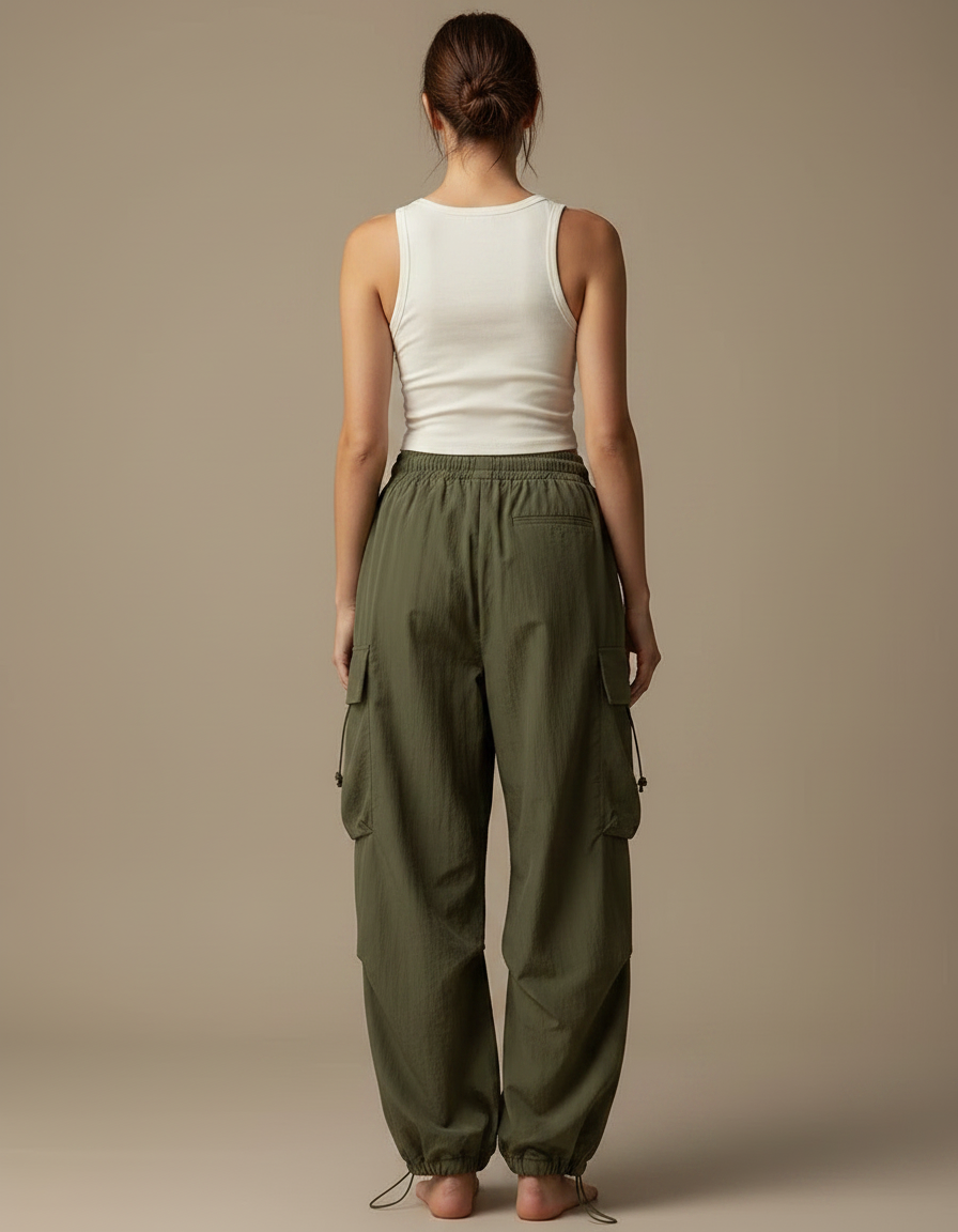 Pantalon Parachute Vert Cargo Ample Décontracté Femme - Kaki Polyester - vue 2