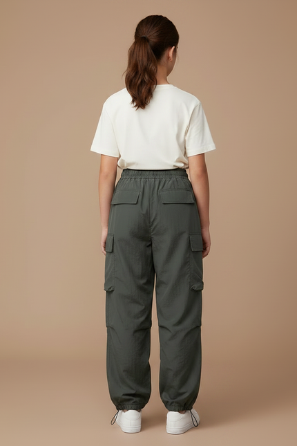 Pantalon Parachute Kaki Ample Cargo Nylon Fille - Polyester - vue 2