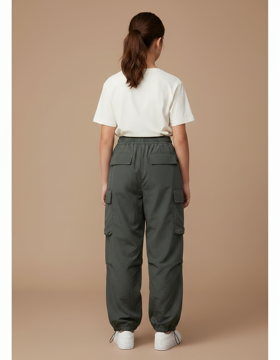 Pantalon Parachute Kaki Ample Cargo Nylon Fille - Polyester - vue 2