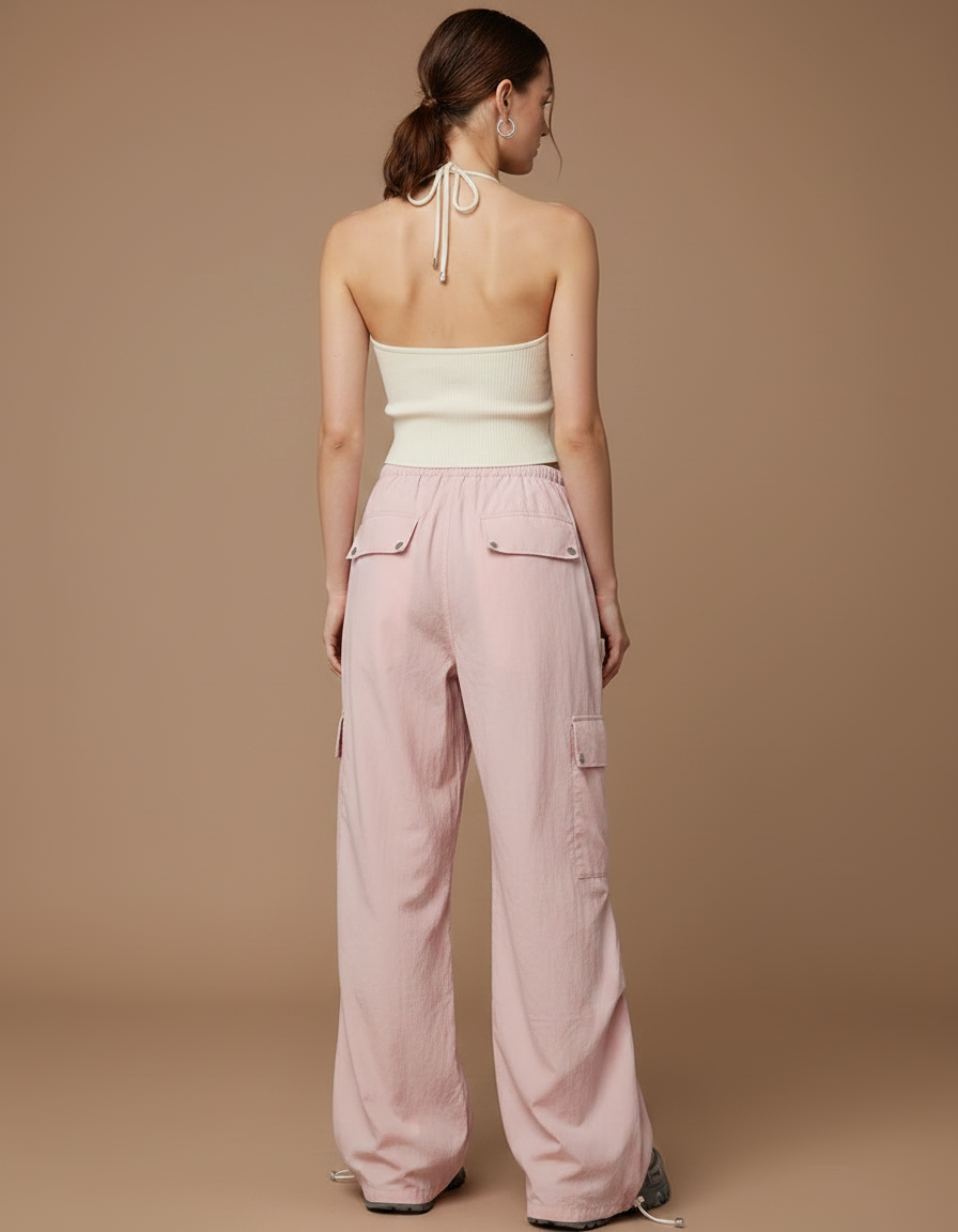 Pantalon Parachute Rose Cargo Ample Femme Cordon - Polyester - vue 2