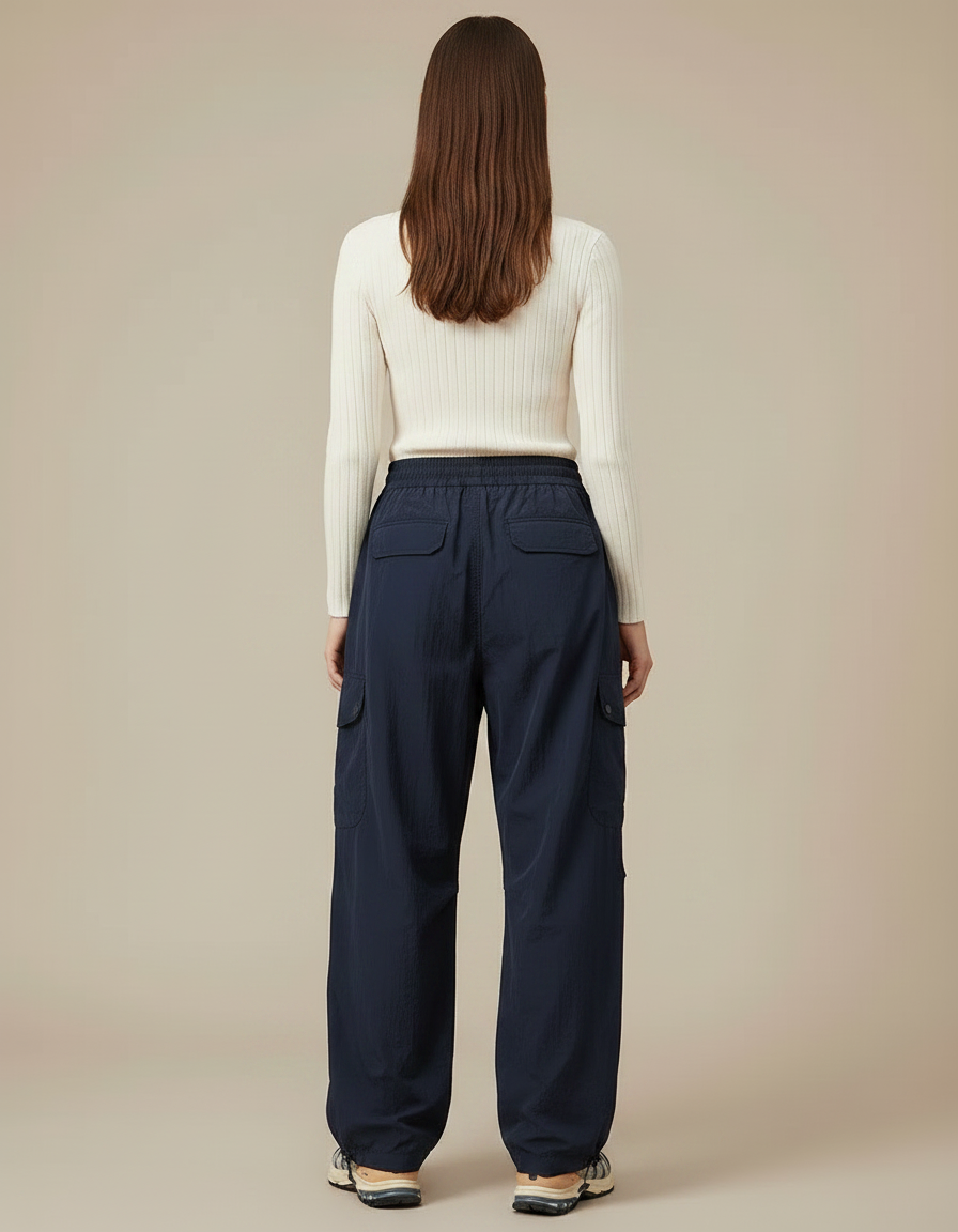 Pantalon Parachute Bleu Marine Fluide Cargo Nylon Femme - Polyester - vue 2