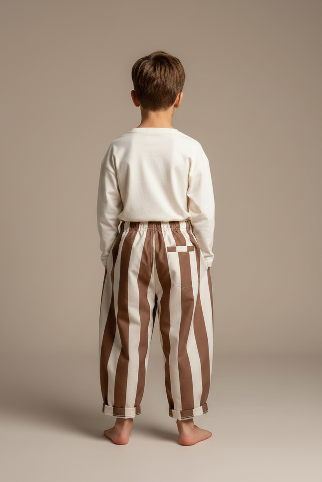 Pantalon Parachute Rayé Marron Crème Ample Enfant - Multicolore Toile - vue 2