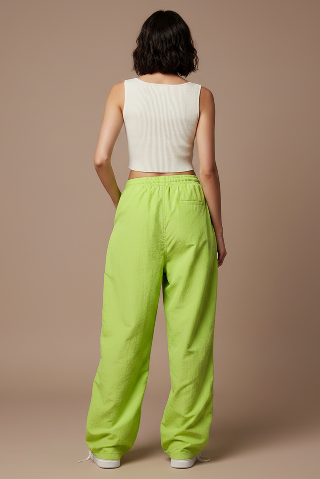 Pantalon Parachute Vert Citron Fluide Ample Streetwear - Polyester - vue 2